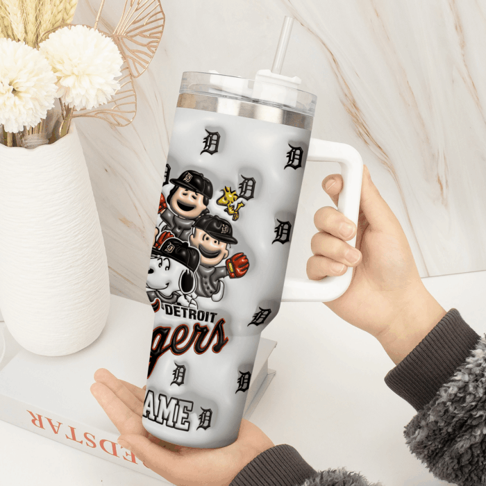 3D Snoopy Tumbler, Detroit Tigers Stanley Tumbler Wrap, Peanuts MLB Tumbler Cup Tumbler Engraved 40Oz, Handle Lid Stainless Steel - Image 2