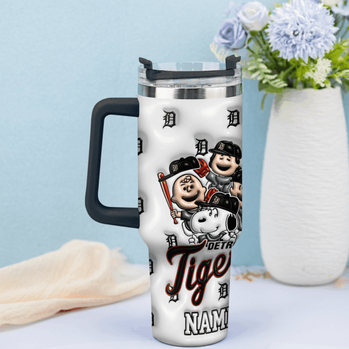 3D Snoopy Tumbler, Detroit Tigers Stanley Tumbler Wrap, Peanuts MLB Tumbler Cup Tumbler Engraved 40Oz, Handle Lid Stainless Steel - Image 3