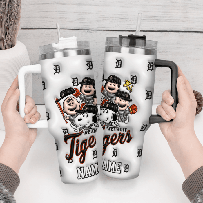 3D Snoopy Tumbler, Detroit Tigers Stanley Tumbler Wrap, Peanuts MLB Tumbler Cup Tumbler Engraved 40Oz, Handle Lid Stainless Steel - Image 4