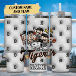 3D Snoopy Tumbler, Detroit Tigers Stanley Tumbler Wrap, Peanuts MLB Tumbler Cup Tumbler Engraved 40Oz, Handle Lid Stainless Steel