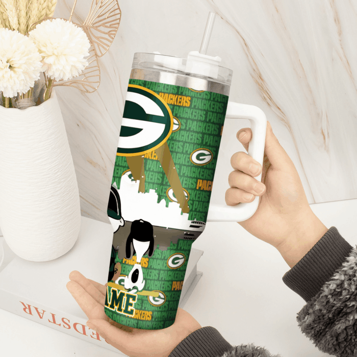 Snoopy Tumbler, Green Bay Packers Stanley Tumbler Wrap, NFL Tumbler Cup Tumbler Engraved 40Oz, Handle Lid Stainless Steel - Image 4