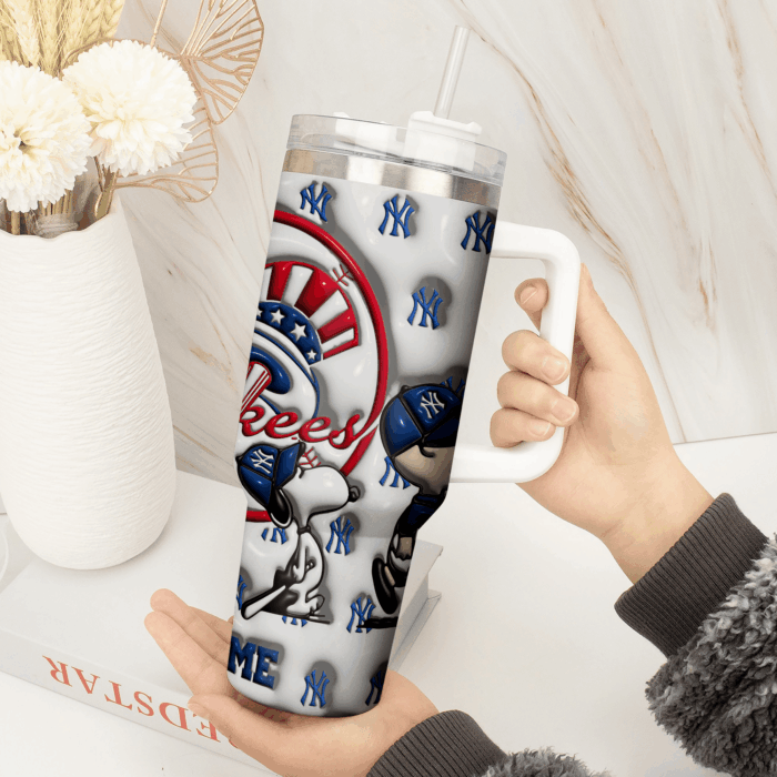 3D Snoopy Tumbler, New York Yankees Stanley Tumbler Wrap, MLB Tumbler Cup Tumbler Engraved 40Oz, Handle Lid Stainless Steel - Image 2