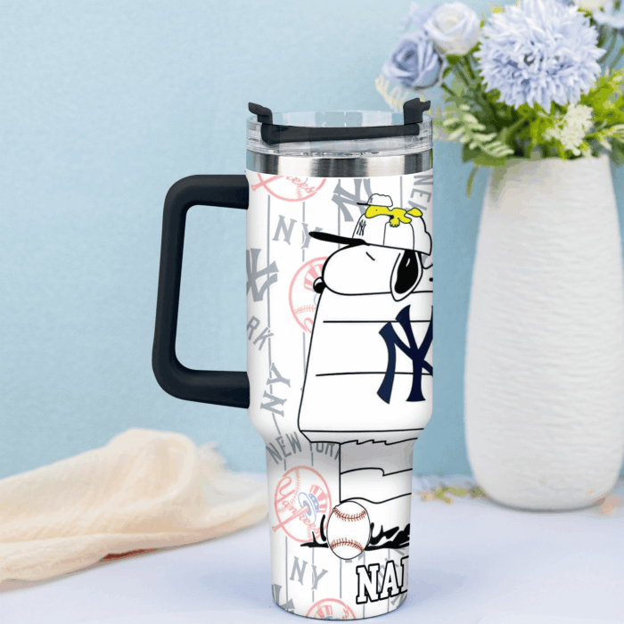 Snoopy Tumbler, New York Yankees Stanley Tumbler Wrap, MLB Tumbler Cup Tumbler Engraved 40Oz, Handle Lid Stainless Steel - Image 3