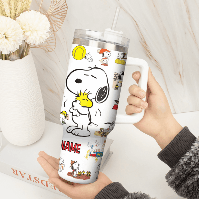 Snoopy Tumbler, Peanuts Stanley Tumbler Wrap, Tumbler Cup Engraved 40Oz, Handle Lid Stainless Steel - Image 2
