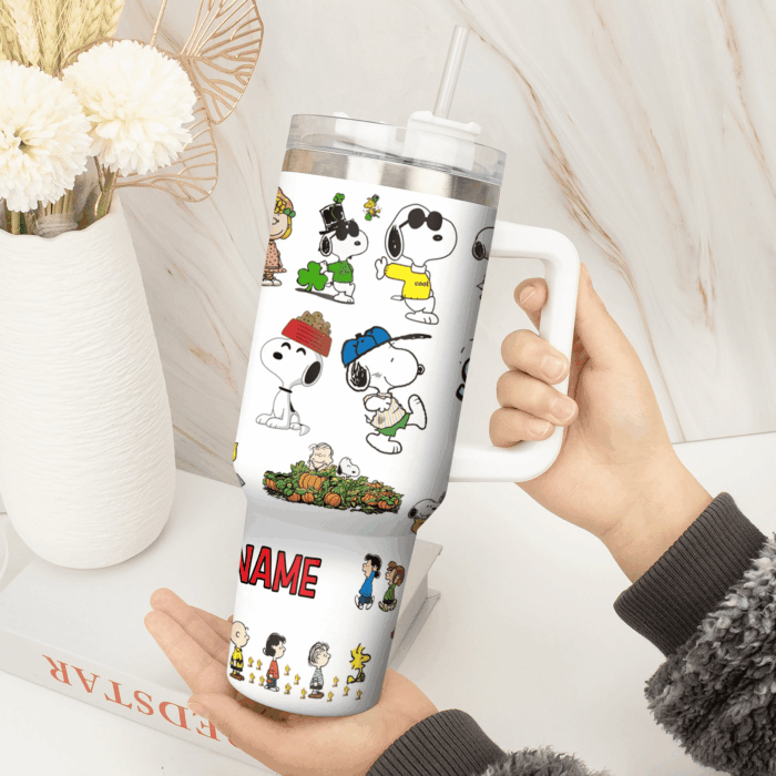Snoopy Tumbler, Peanuts Stanley Tumbler Wrap, Tumbler Cup Engraved 40Oz, Handle Lid Stainless Steel - Image 4