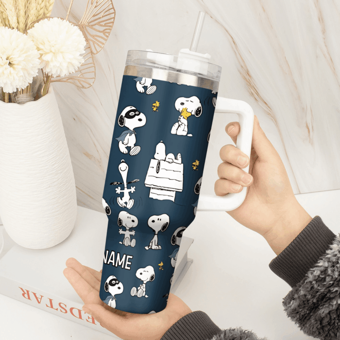 Snoopy Tumbler, Peanuts Stanley Tumbler Wrap, Tumbler Cup Engraved 40Oz, Handle Lid Stainless Steel - Image 2