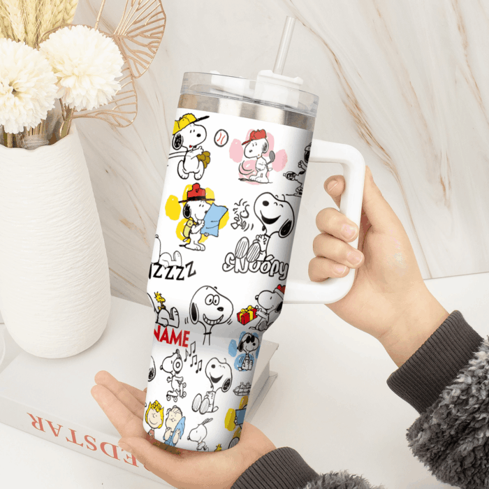 Snoopy Tumbler, Peanuts Stanley Tumbler Wrap, Tumbler Cup Engraved 40Oz, Handle Lid Stainless Steel - Image 2
