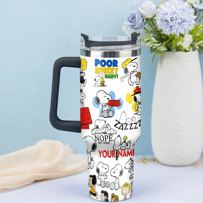 Snoopy Tumbler, Peanuts Stanley Tumbler Wrap, Tumbler Cup Engraved 40Oz, Handle Lid Stainless Steel - Image 3
