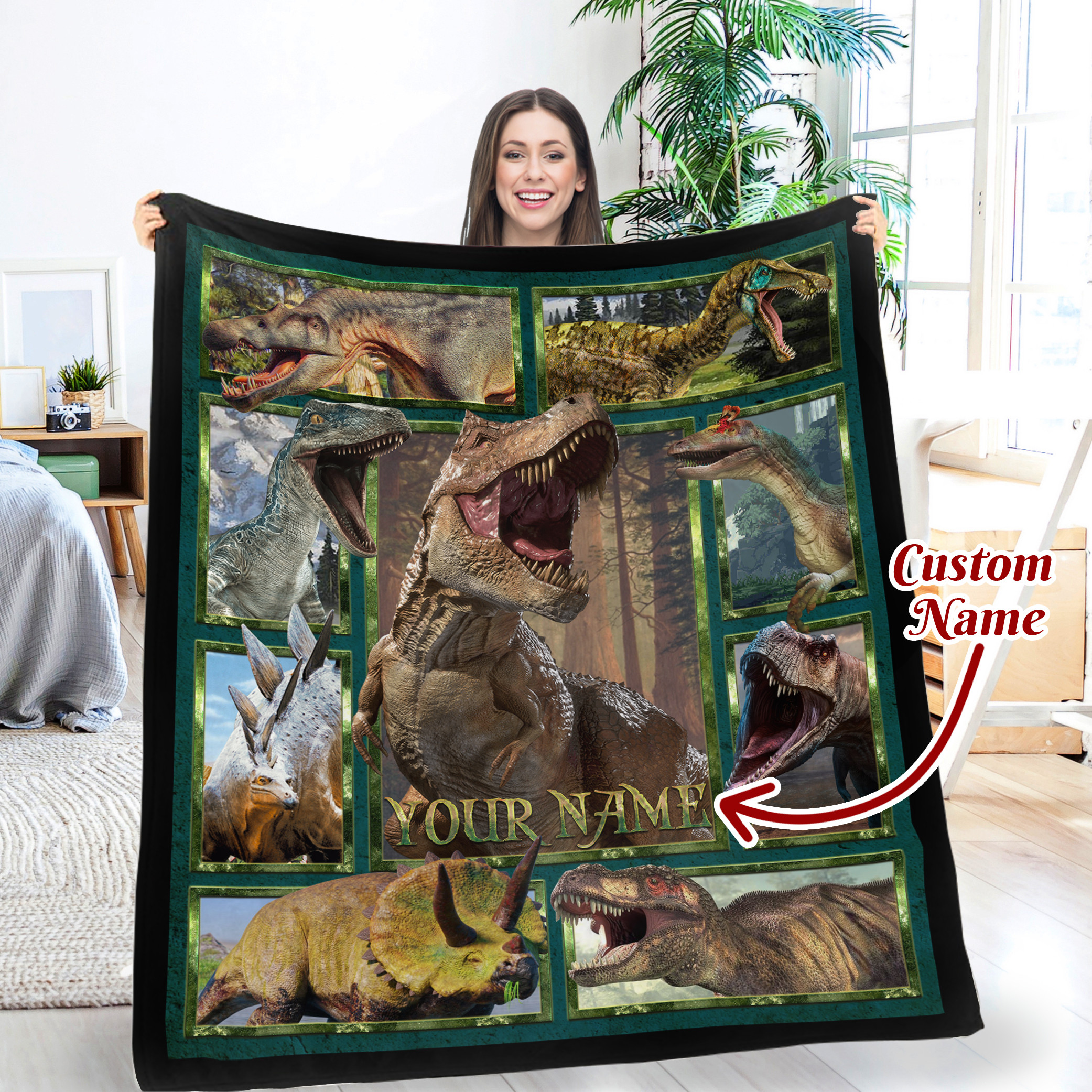 1720666650843.jpg Personalized Dinosaur Throw Blanket Kids Boys Ancient Animal, Custom Name Dinosaur Blanket - Image 1