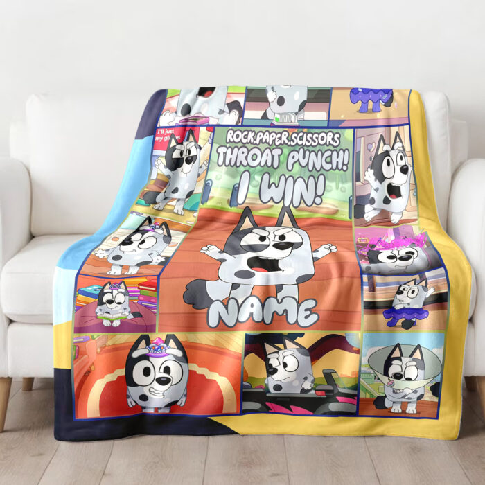 Personalized Rock Paper Scissors Throat Punch! I Win! | Essential Blanket, Bluey Family Soft Blankets, Bluey and Bingo Birthday Blanket, Bluey Family Blanket for Kid - Image 4