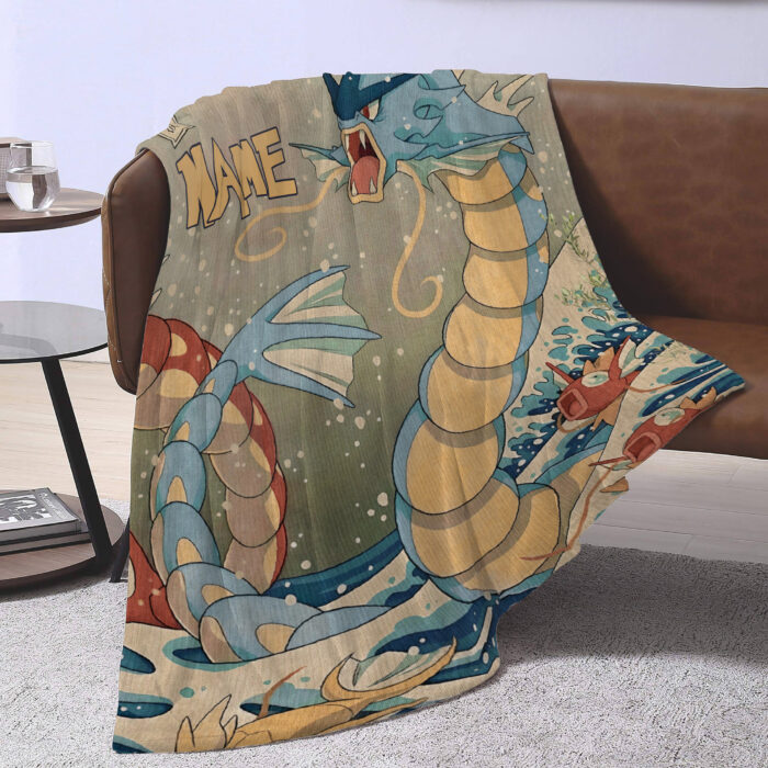 Personalized Great Wave Dragon Blanket, Gyarados Art Woven Tapestry Poison Manga, Pokemon Blanket, Custom Name Anime Blanket - Image 4