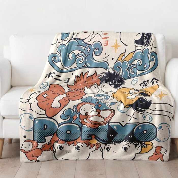 Personalized Anime Hand Woven Blanket Manga Tapestry, Ponyo On The Cliff By The Sea Blanket, Custom Name Ghibli Blanket - Image 2