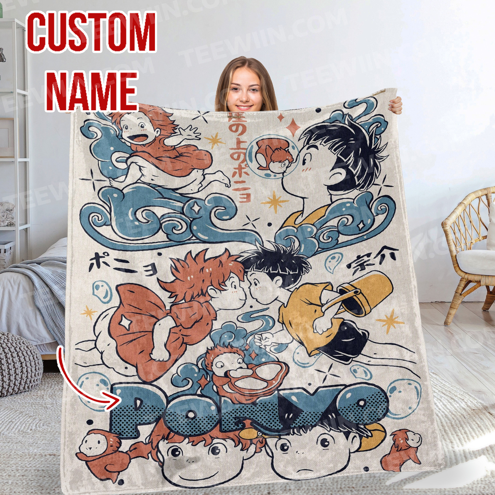 1721027839371.jpg Personalized Anime Hand Woven Blanket Manga Tapestry, Ponyo On The Cliff By The Sea Blanket, Custom Name Ghibli Blanket - Image 1