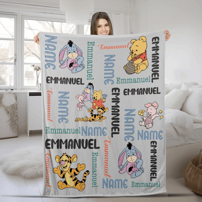 Personalized Watercolor Winnie the Pooh blanket, Pooh Bear and friends blanket, Birthday gift for her/him, Kids Adults blanket - Image 7