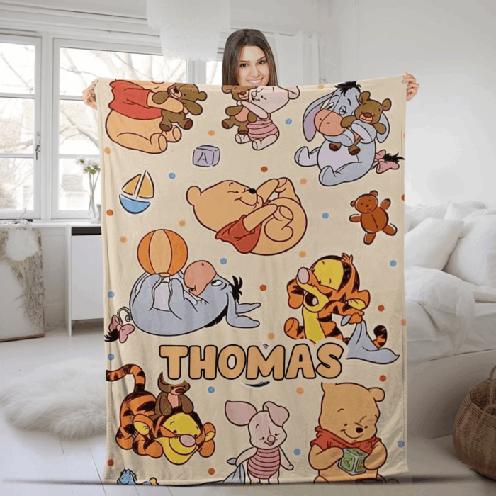 Personalized Watercolor Winnie the Pooh blanket, Pooh Bear and friends blanket, Birthday gift for her/him, Kids Adults blanket - Image 6