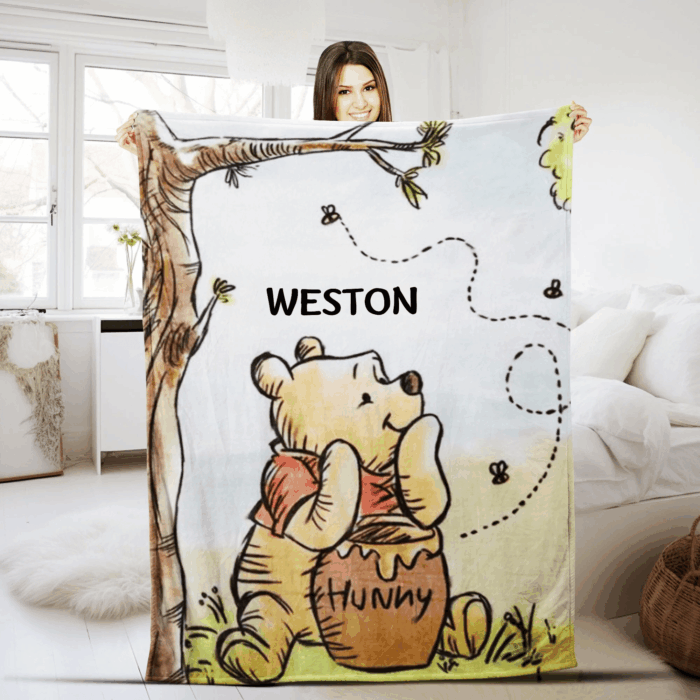 Personalized Watercolor Winnie the Pooh blanket, Pooh Bear and friends blanket, Birthday gift for her/him, Kids Adults blanket - Image 4