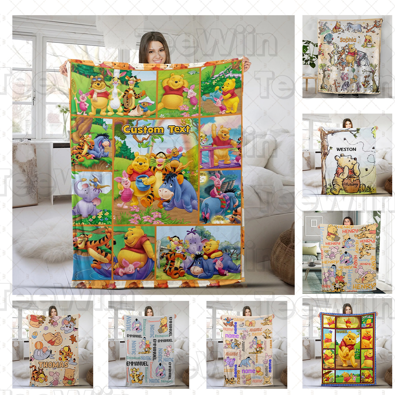 1721705660276.jpg Personalized Watercolor Winnie the Pooh blanket, Pooh Bear and friends blanket, Birthday gift for her/him, Kids Adults blanket - Image 1