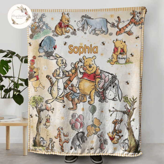 Personalized Watercolor Winnie the Pooh blanket, Pooh Bear and friends blanket, Birthday gift for her/him, Kids Adults blanket - Image 3