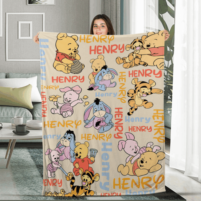 Personalized Watercolor Winnie the Pooh blanket, Pooh Bear and friends blanket, Birthday gift for her/him, Kids Adults blanket - Image 5