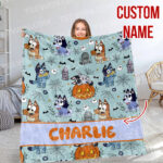 Personalized Bluey Family Blanket, Halloween Heelers Spooky Seamless, Birthday Blanket, Bluey Blanket for Kid