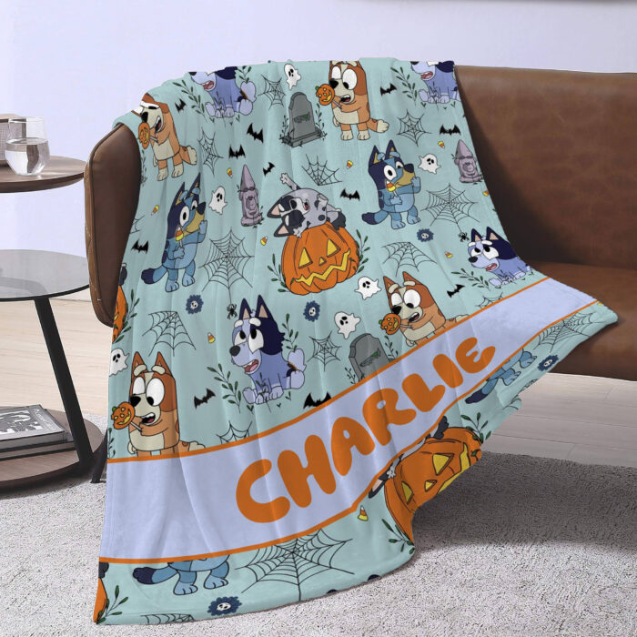 Personalized Bluey Family Blanket, Halloween Heelers Spooky Seamless, Birthday Blanket, Bluey Blanket for Kid - Image 2