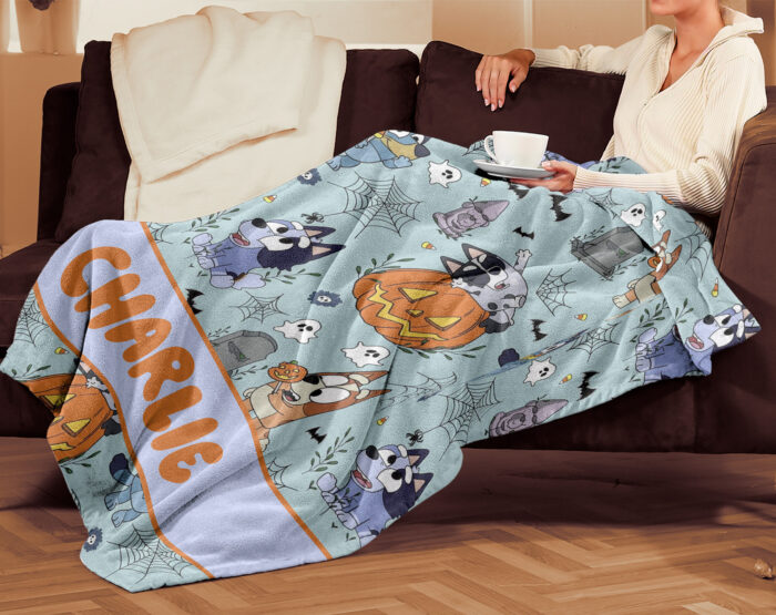 Personalized Bluey Family Blanket, Halloween Heelers Spooky Seamless, Birthday Blanket, Bluey Blanket for Kid - Image 3