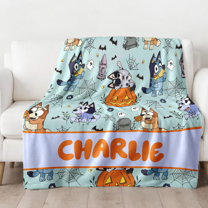 Personalized Bluey Family Blanket, Halloween Heelers Spooky Seamless, Birthday Blanket, Bluey Blanket for Kid - Image 4