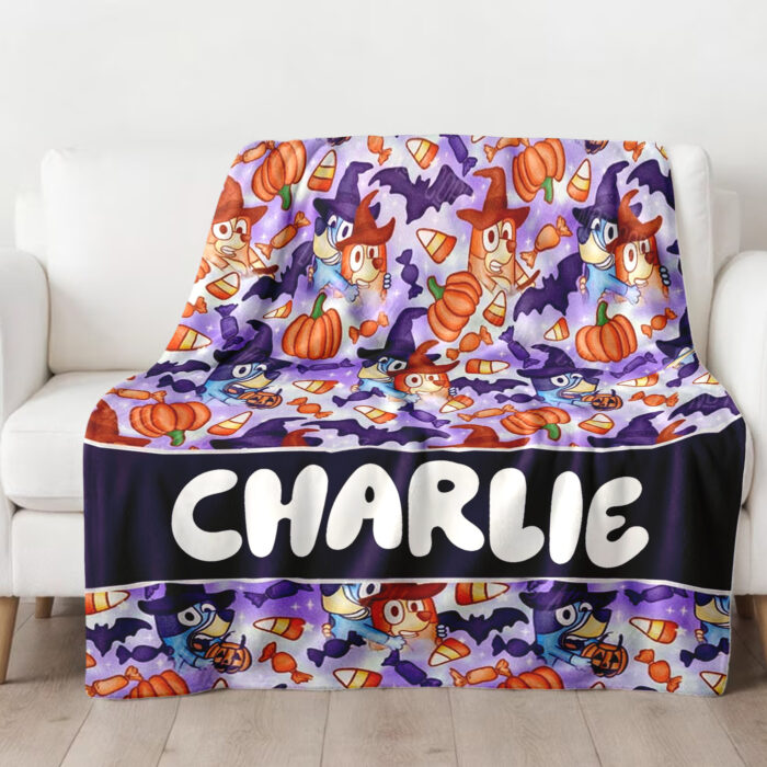 Personalized Bluey Family Blanket, Halloween Heelers Spooky Seamless, Birthday Blanket, Bluey Blanket for Kid - Image 4