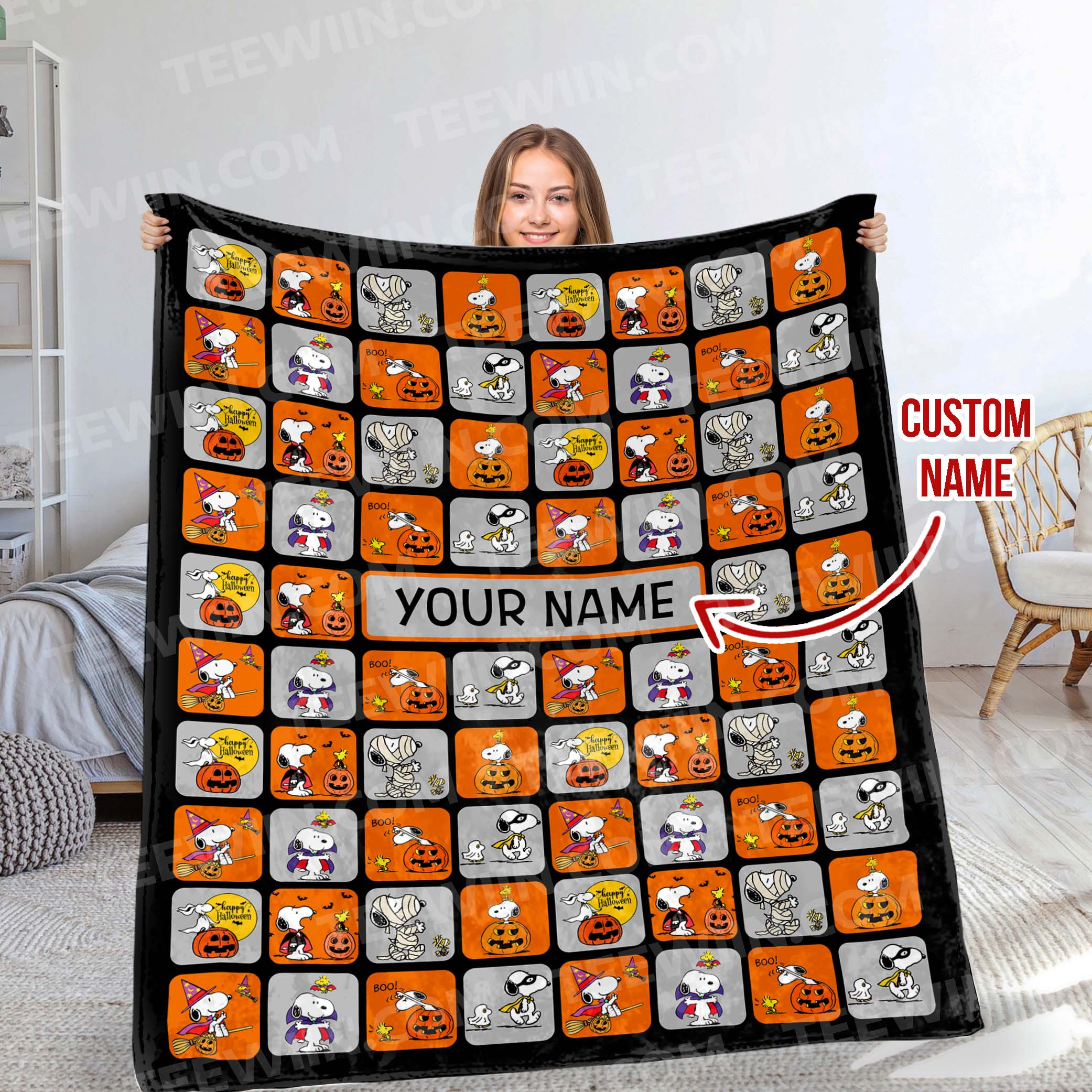 1721979955087.jpg Personalized Snoopy Halloween Blanket, The Peanuts Custom Name Snoopy Blanket, Baby Shower Blanket - Image 1