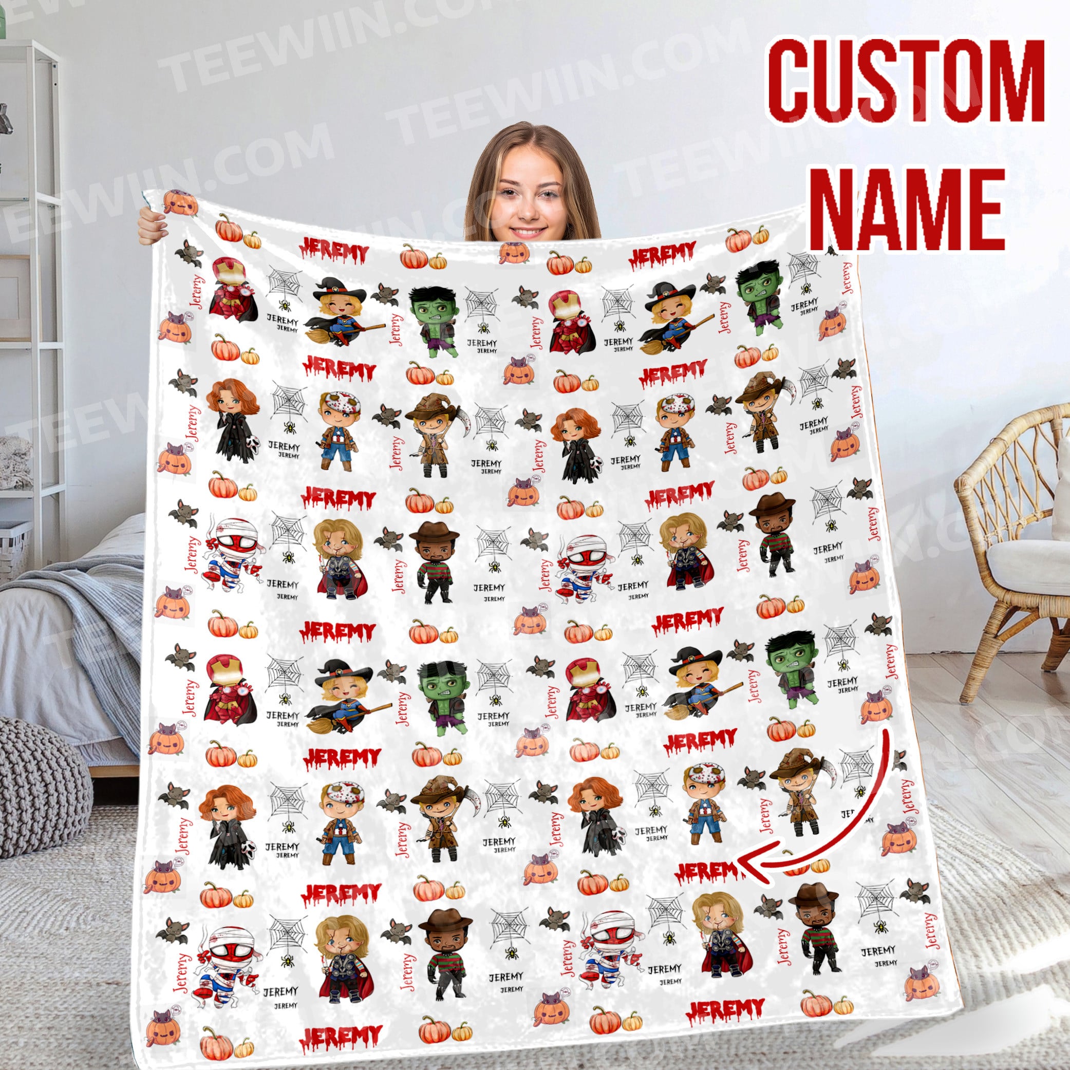 1722324702429.jpg Halloween Superhero Blanket, Custom Name Halloween Marvel Blanket - Image 1