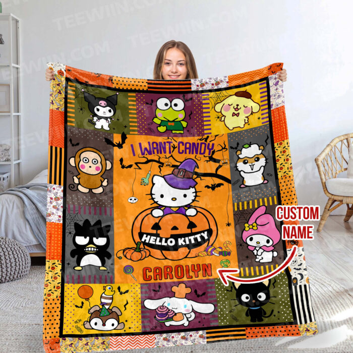 Personalized Hello Kitty Halloween I Want Candy Fleece Blanket, Hello Kitty Custom Name Blanket - Image 2
