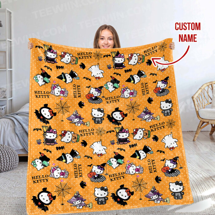 Personalized Hello Kitty Halloween I Want Candy Fleece Blanket, Hello Kitty Custom Name Blanket - Image 7
