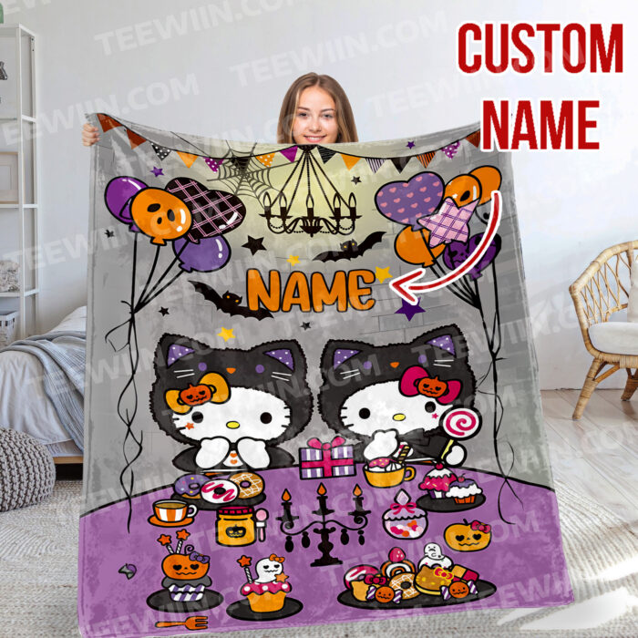 Personalized Hello Kitty Halloween I Want Candy Fleece Blanket, Hello Kitty Custom Name Blanket - Image 5