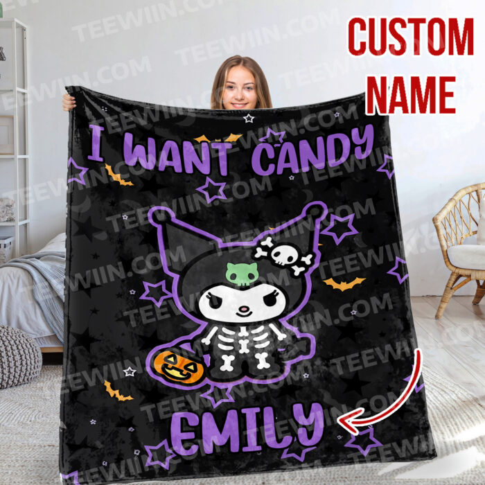 Personalized Hello Kitty Halloween I Want Candy Fleece Blanket, Hello Kitty Custom Name Blanket - Image 3