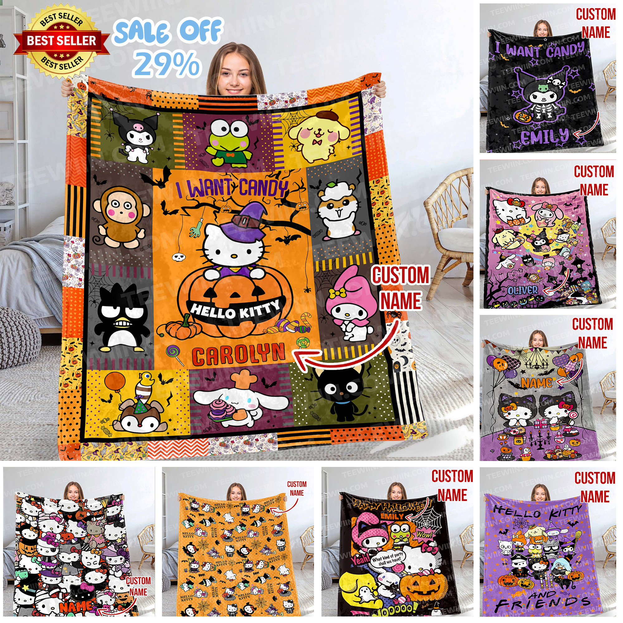1722929043877.jpg Personalized Hello Kitty Halloween I Want Candy Fleece Blanket, Hello Kitty Custom Name Blanket - Image 1