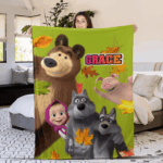 Personalized Marsha and the Bear Theme Birthday Family Blanket, Custom Blanket