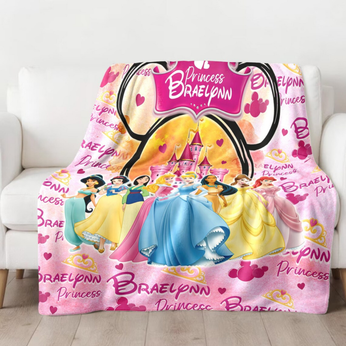 Personalized Watercolor Princess Blanket, Custom Name Princess Baby Girl Blanket, Mouse Head Fleece Blanket, Magic Kingdom Quilt Bedding - Image 2