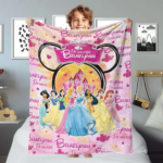 Personalized Watercolor Princess Blanket, Custom Name Princess Baby Girl Blanket, Mouse Head Fleece Blanket, Magic Kingdom Quilt Bedding