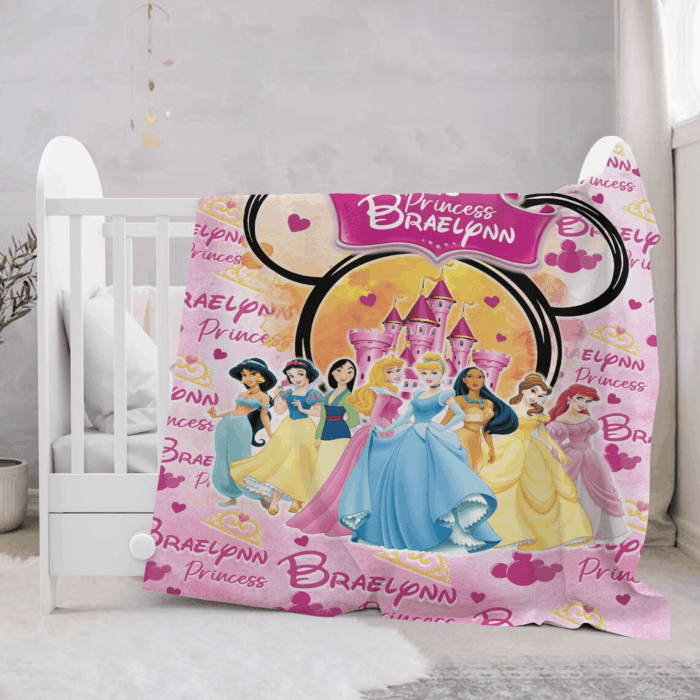 Personalized Watercolor Princess Blanket, Custom Name Princess Baby Girl Blanket, Mouse Head Fleece Blanket, Magic Kingdom Quilt Bedding - Image 3