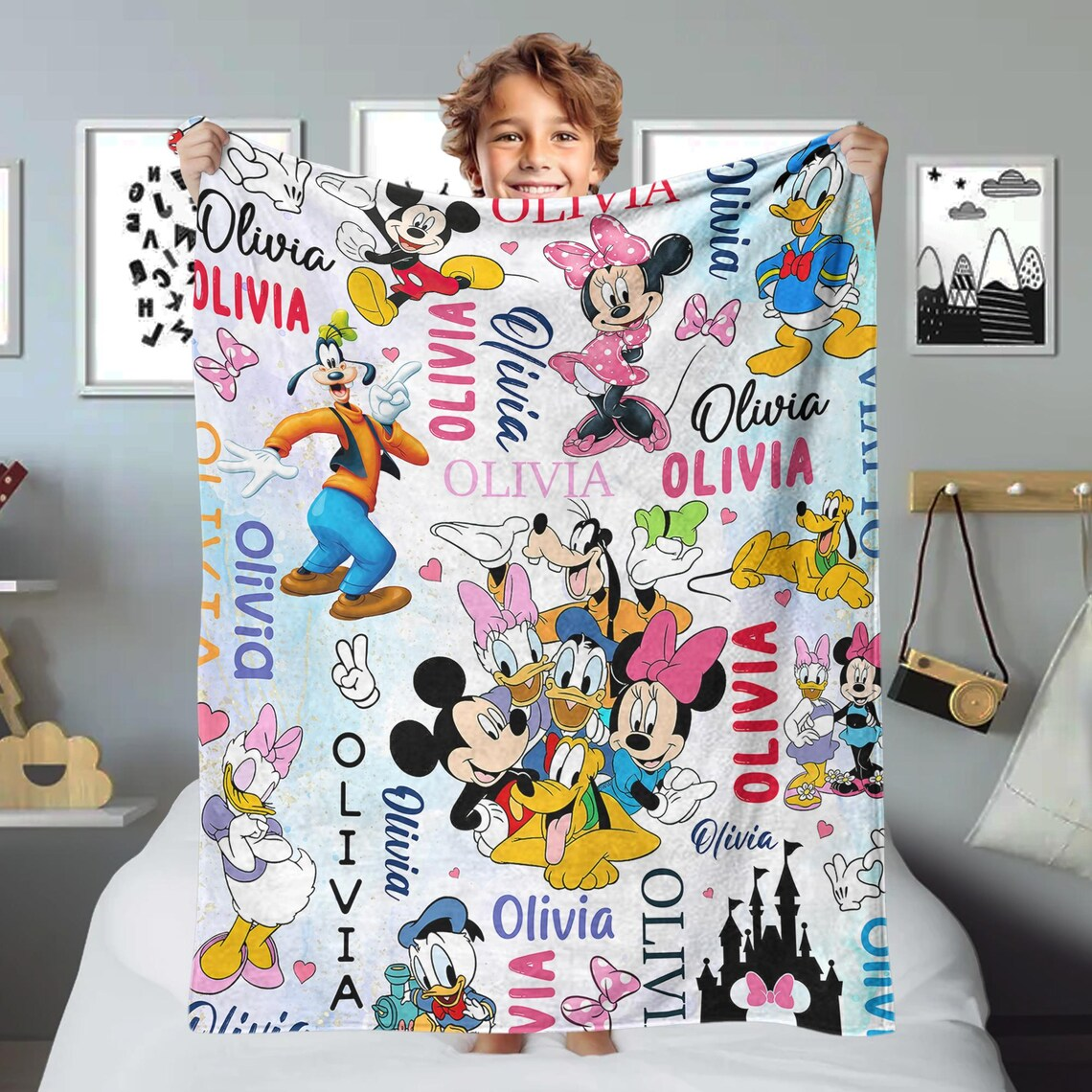 1722931105477.png Personalized Watercolor Mouse and Friends Blanket, Magic Castle Baby Blanket, Gift for Kids, Magic Kingdom Fleece Blanket, Cartoon Quilt - Image 1