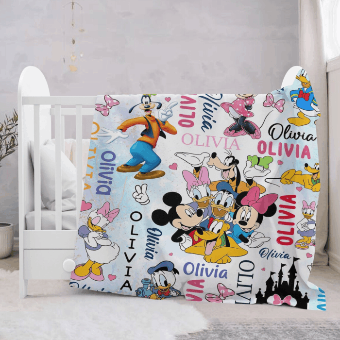 Personalized Watercolor Mouse and Friends Blanket, Magic Castle Baby Blanket, Gift for Kids, Magic Kingdom Fleece Blanket, Cartoon Quilt - Image 3