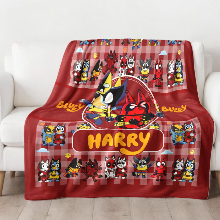 Personalized Bluey Blanket, Red Bluey Deadpool & Wolverine Blanket, Bluey Birthday Blanket, Bluey Family Blanket for Kid - Image 2
