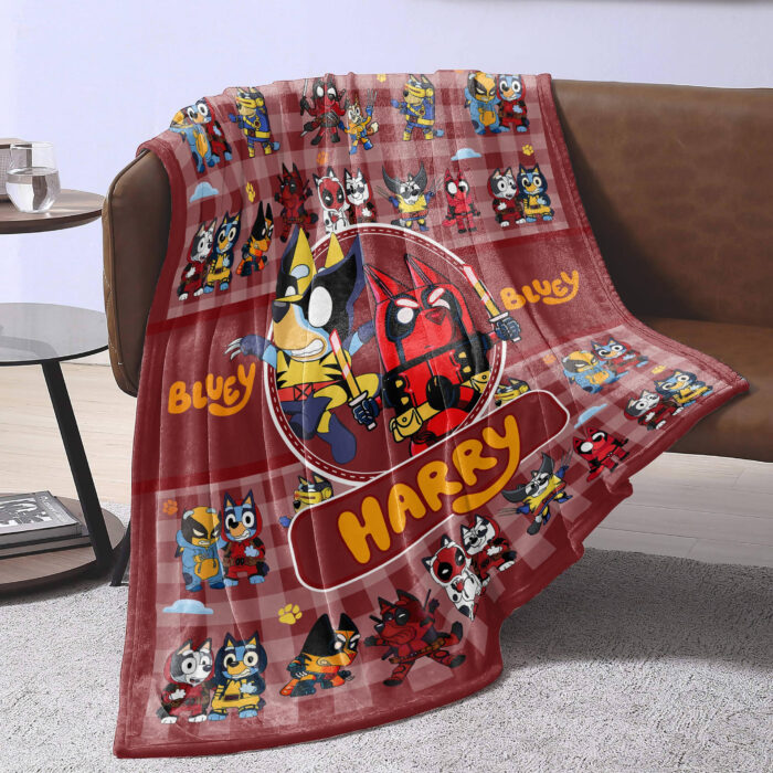 Personalized Bluey Blanket, Red Bluey Deadpool & Wolverine Blanket, Bluey Birthday Blanket, Bluey Family Blanket for Kid - Image 3