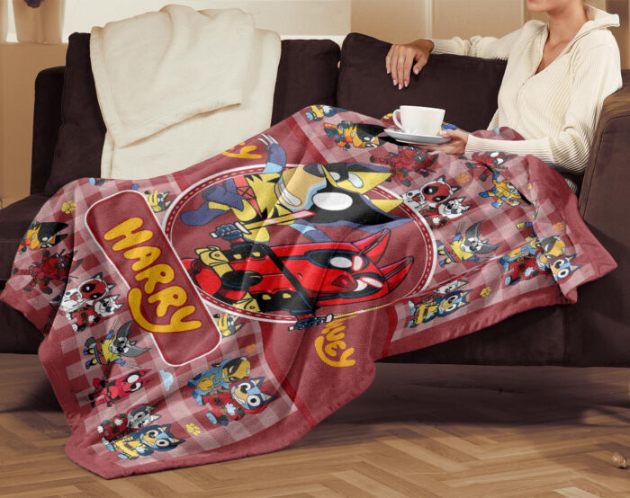 Personalized Bluey Blanket, Red Bluey Deadpool & Wolverine Blanket, Bluey Birthday Blanket, Bluey Family Blanket for Kid - Image 4