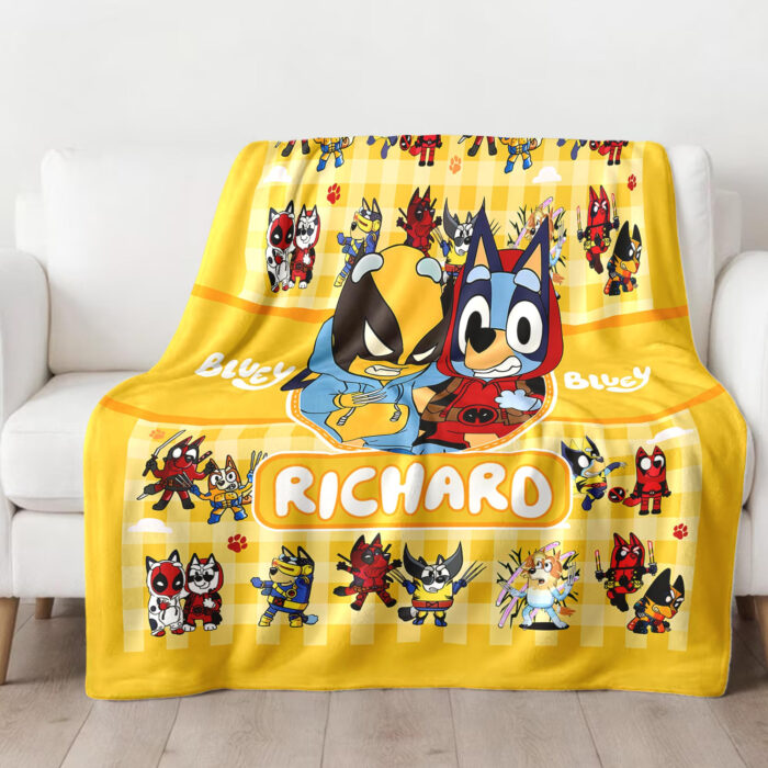 Personalized Bluey Blanket, Red Bluey Deadpool & Wolverine Blanket, Bluey Birthday Blanket, Bluey Family Blanket for Kid - Image 2