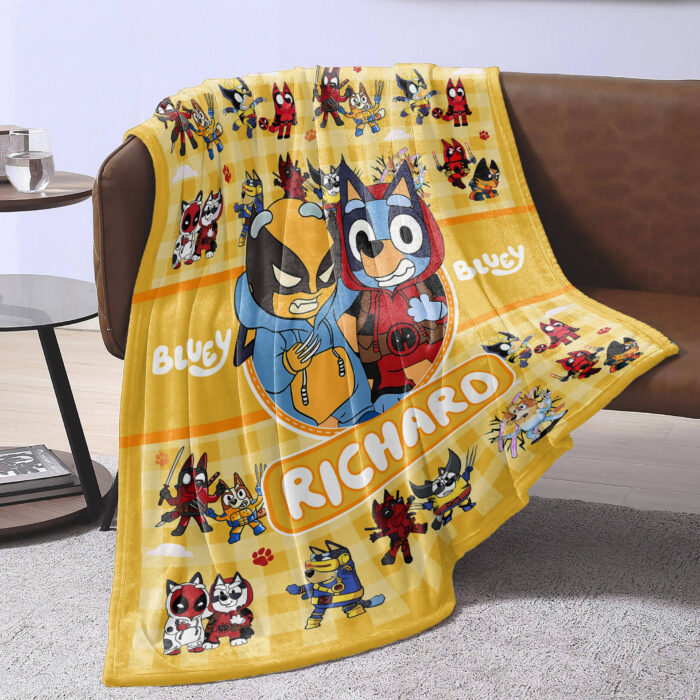 Personalized Bluey Blanket, Red Bluey Deadpool & Wolverine Blanket, Bluey Birthday Blanket, Bluey Family Blanket for Kid - Image 3