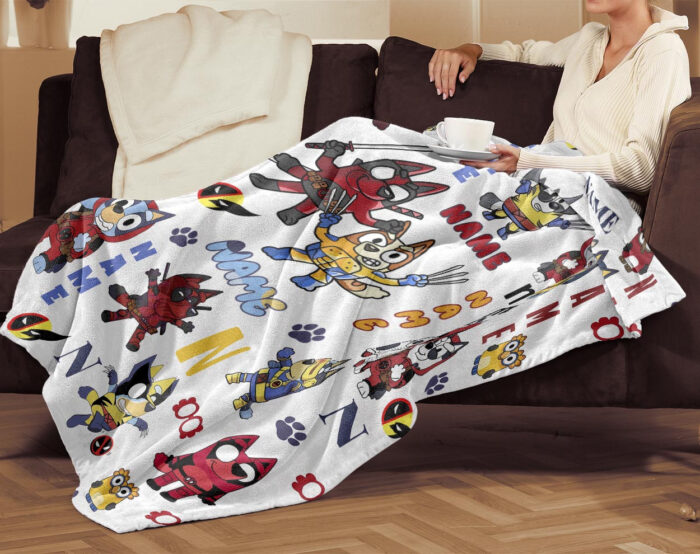 Personalized Bluey Blanket, Red Bluey Deadpool & Wolverine Blanket, Bluey Birthday Blanket, Bluey Family Blanket for Kid - Image 3