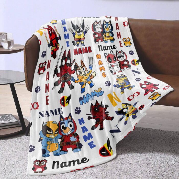 Personalized Bluey Blanket, Red Bluey Deadpool & Wolverine Blanket, Bluey Birthday Blanket, Bluey Family Blanket for Kid - Image 4