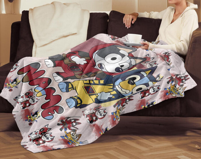 Personalized Bluey Blanket, Red Bluey Deadpool & Wolverine Blanket, Bluey Birthday Blanket, Bluey Family Blanket for Kid - Image 2
