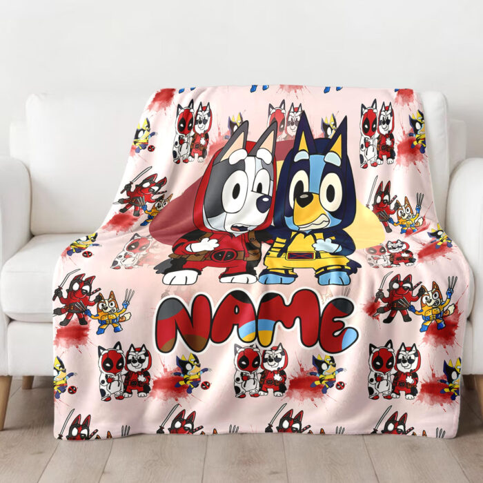 Personalized Bluey Blanket, Red Bluey Deadpool & Wolverine Blanket, Bluey Birthday Blanket, Bluey Family Blanket for Kid - Image 3